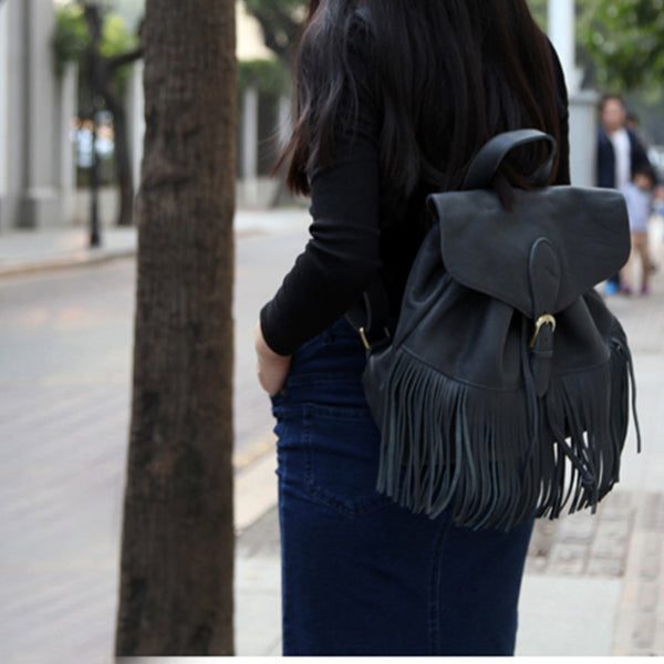 Boho Womens Leather Fringe Backpack Purse Hippie Backpack Bags for Women Fashion