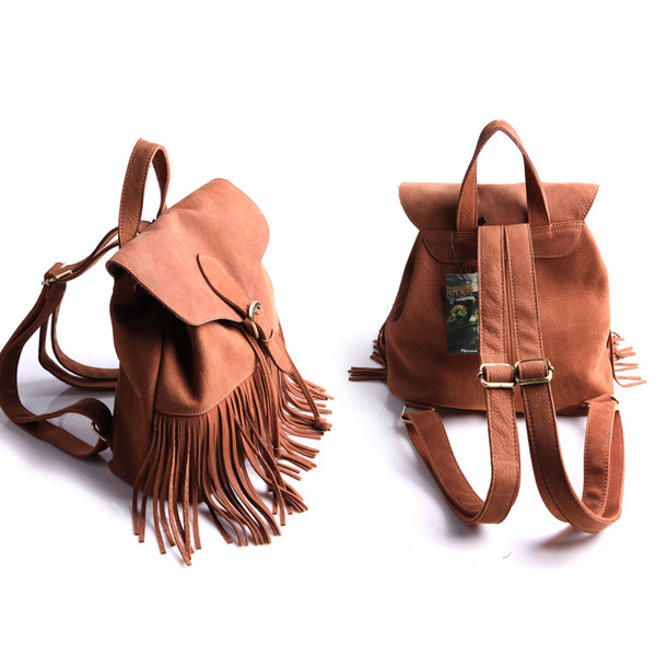 Boho Womens Leather Fringe Backpack Purse Hippie Backpack Bags for Women Handmade