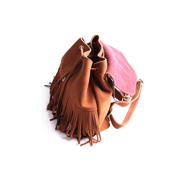 Boho Womens Leather Fringe Backpack Purse Hippie Backpack Bags for Women Original