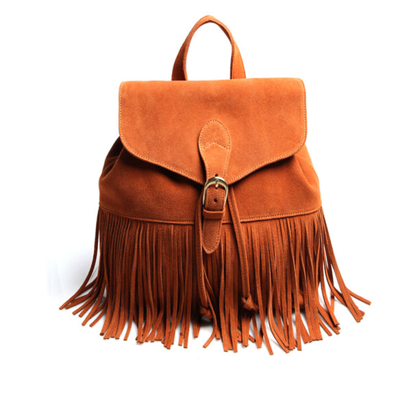 Boho Womens Leather Fringe Backpack Purse	