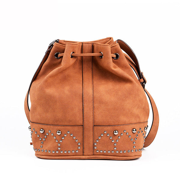 Boho Rivets Womens Vegan Leather Crossbody Bucket Bag With Fringe Affordable