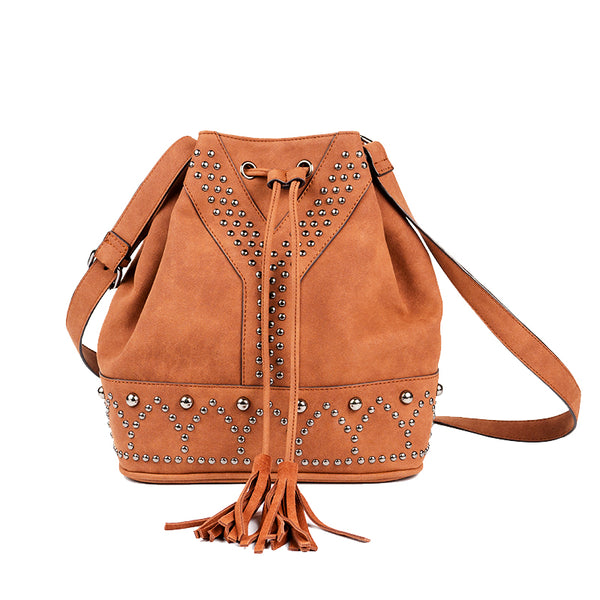 Boho Rivets Womens Vegan Leather Crossbody Bucket Bag With Fringe Best