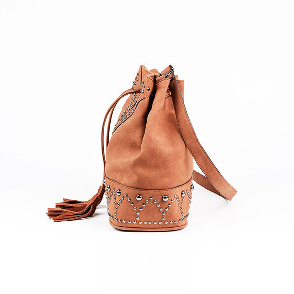 Boho Rivets Womens Vegan Leather Crossbody Bucket Bag With Fringe Cute