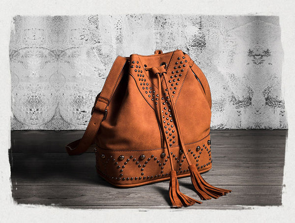 Boho Rivets Womens Vegan Leather Crossbody Bucket Bag With Fringe Fashion