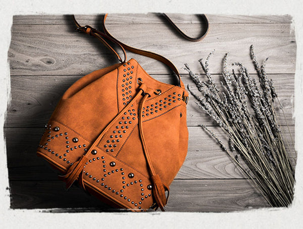 Boho Rivets Womens Vegan Leather Crossbody Bucket Bag With Fringe Gift