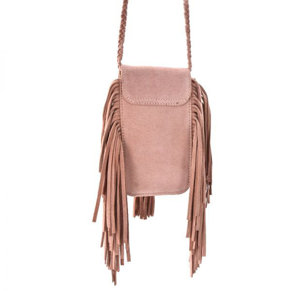 Womens Small Leather Crossbody Boho Bag Fringe Purse for Women, Pink