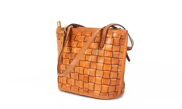 Boho Womens Woven Leather Tote Bag Purse Shoulder Handbags For Women Brown