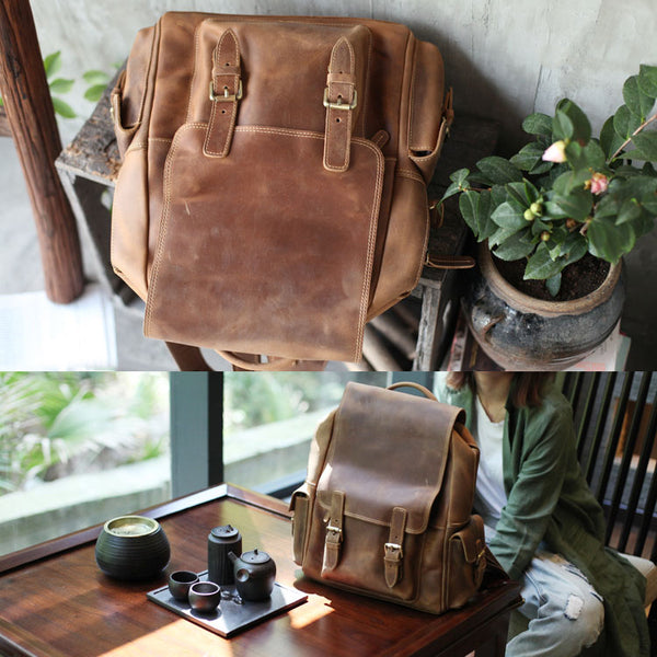 Brown Leather Womens Casual Backpack Purse Trendy Backpacks for Women