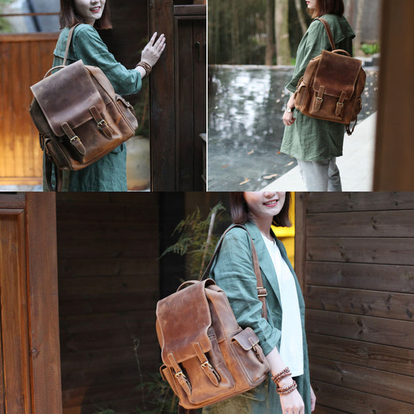 Brown Leather Womens Casual Backpack Purse Trendy Backpacks for Women Brown