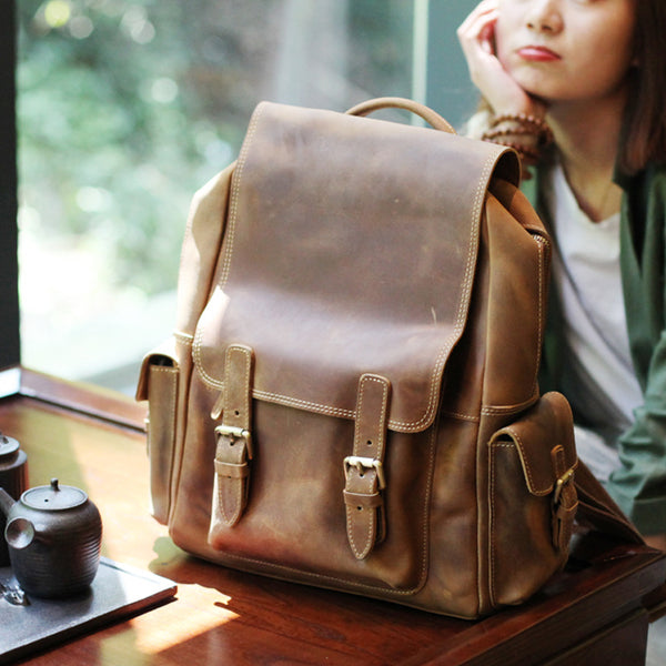 Brown Leather Womens Casual Backpack Purse Trendy Backpacks for Women Accessories