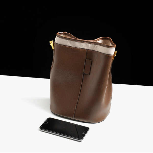 Brown Leather Womens Handbags Shoulder Bag Bucket Bag for Women Boutique
