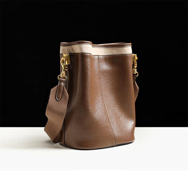 Brown Leather Womens Handbags Shoulder Bag Bucket Bag for Women Designer