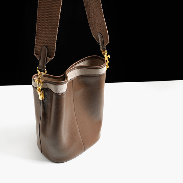 Brown Leather Womens Handbags Shoulder Bag Bucket Bag for Women chic