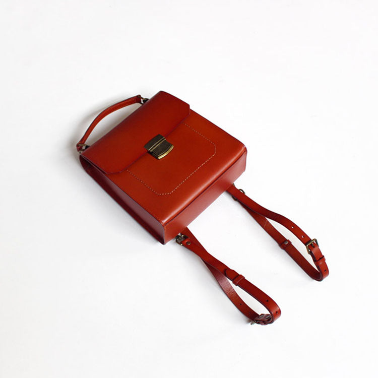 Brown Womens Square Leather Satchel Backpack Purse Small Rucksack For Women