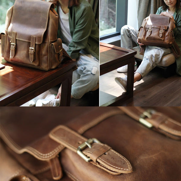 Brown Leather Womens Casual Backpack Purse