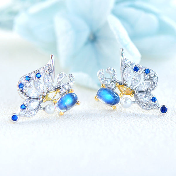 Butterfly Shaped Blue Moonstone White Gold Plated Sterling Silver Stud Earrings For Women Accessories