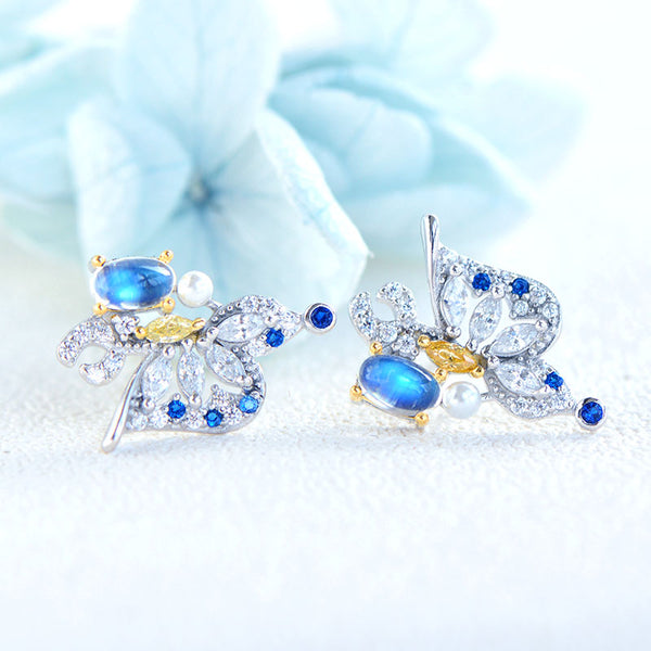 Butterfly Shaped Blue Moonstone White Gold  Plated Sterling Silver Stud Earrings For Women