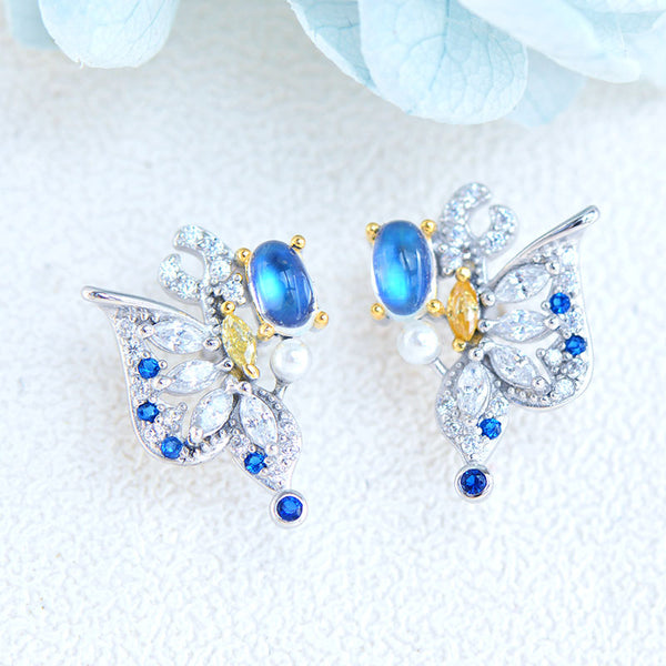 Butterfly Shaped Blue Moonstone White Gold Plated Sterling Silver Stud Earrings For Women Badass