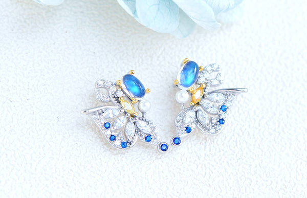 Butterfly Shaped Blue Moonstone White Gold Plated Sterling Silver Stud Earrings For Women Cute