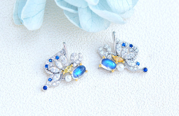 Butterfly Shaped Blue Moonstone White Gold Plated Sterling Silver Stud Earrings For Women Nice