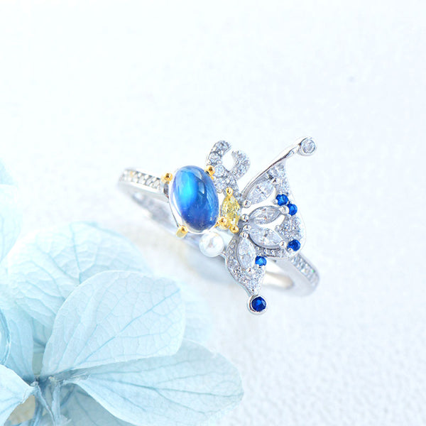 Butterfly Shaped Moonstone Ring White Gold Plated Sterling Silver Engagement Ring For Women