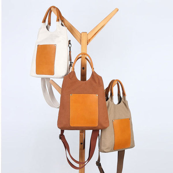 Canvas Tote With Leather Handles Shoulder Handbags For Women Fashion