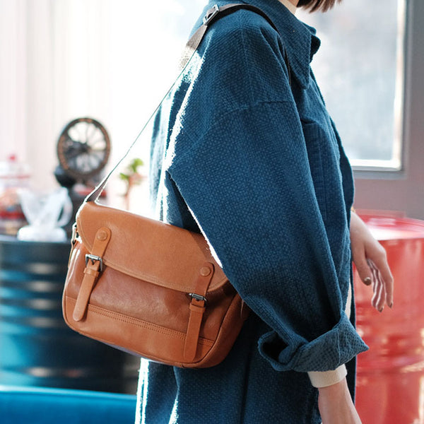 Casual Womens Genuine Leather Satchel Bag Cross Shoulder Bag for Women Brown