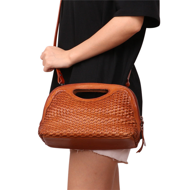Boho Womens Woven Genuine Leather Satchel Handbag Side Bag Purse for Womens