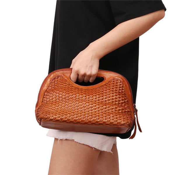 Boho Womens Woven Genuine Leather Satchel Handbag Side Bag Purse for Womens Affordable