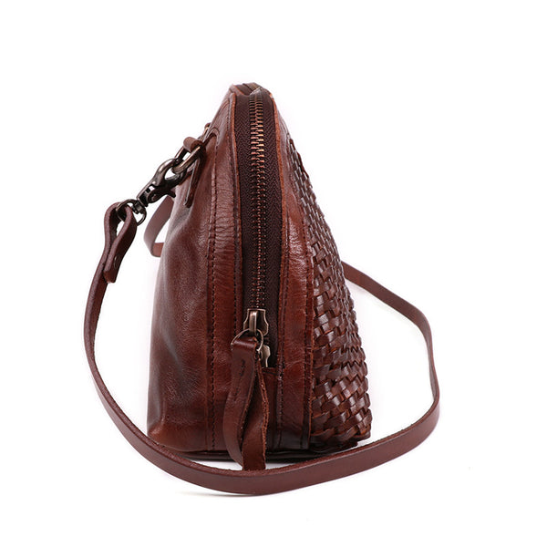 Boho Womens Woven Genuine Leather Satchel Handbag Side Bag Purse for Womens Brown