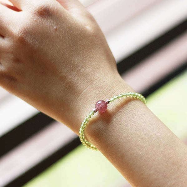 Charm Ladies Peridot and Strawberry Quartz Beaded Sterling Silver Bracelets for Women Beautiful