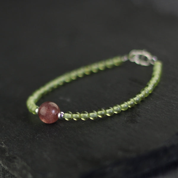 Charm Ladies Peridot and Strawberry Quartz Beaded Sterling Silver Bracelets for Women