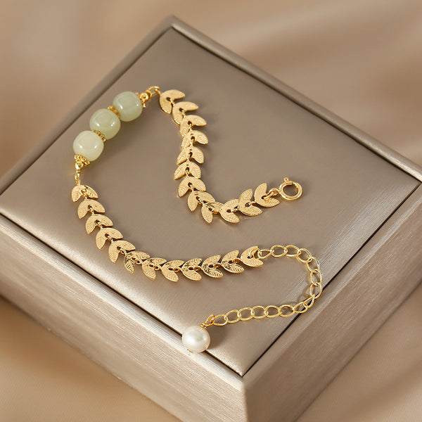 Charm Wheat Shaped Womens Jade Bead Bracelet 16k Gold Plated Bracelet With A Pearl Affordable