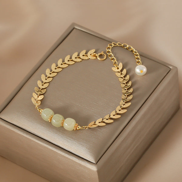 Charm Wheat Shaped Womens Jade Bead Bracelet 24k Gold Plated Bracelet With A Pearl Chic