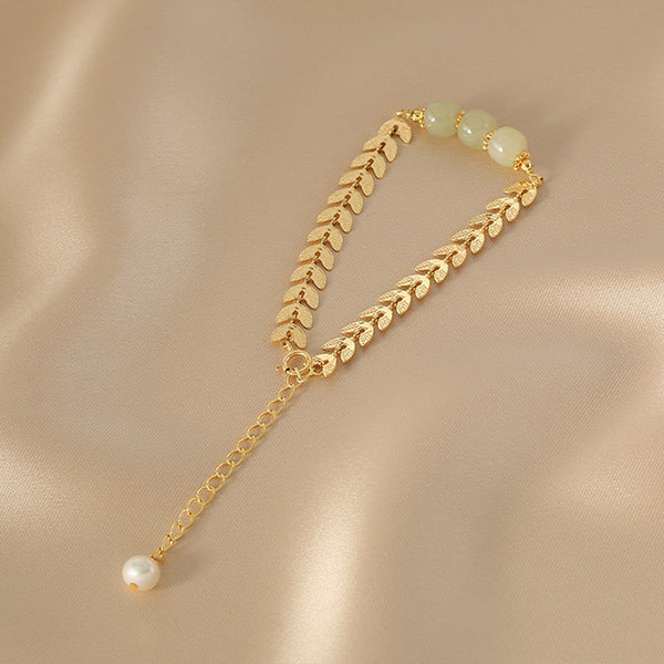 Charm Wheat Shaped Womens Jade Bead Bracelet 27k Gold Plated Bracelet With A Pearl Cute