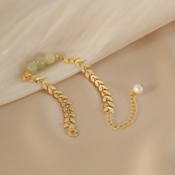 Charm Wheat Shaped Womens Jade Bead Bracelet 28k Gold Plated Bracelet With A Pearl Casual