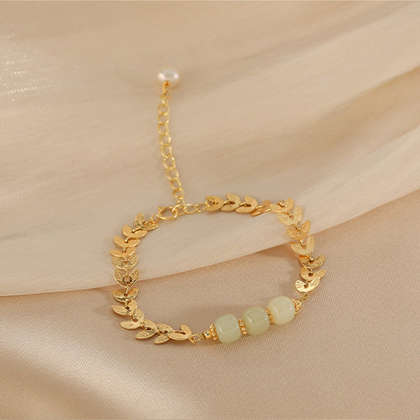 Charm Wheat Shaped Womens Jade Bead Bracelet 29k Gold Plated Bracelet With A Pearl Designer