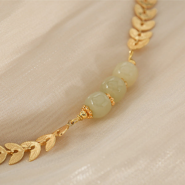 Charm Wheat Shaped Womens Jade Bead Bracelet 30k Gold Plated Bracelet With A Pearl Details