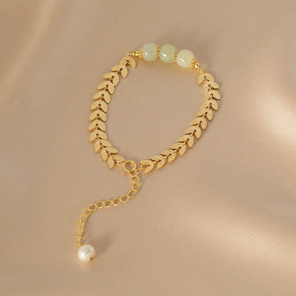 Charm Wheat Shaped Womens Jade Bead Bracelet 37k Gold Plated Bracelet With A Pearl Gift-idea