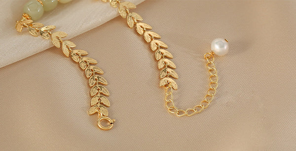 Charm Wheat Shaped Womens Jade Bead Bracelet 46k Gold Plated Bracelet With A Pearl Original