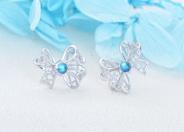 Charm Womens Bowknot Shaped Blue Moonstone Silver Stud Earrings For Women Cute