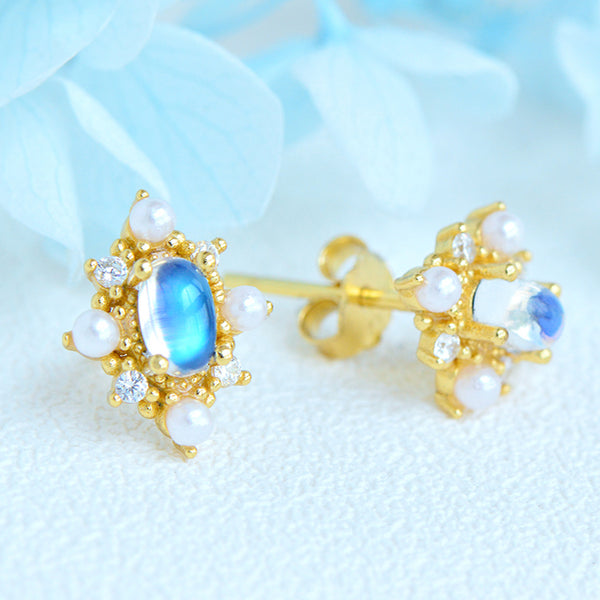 Chic Ladies Genuine Moonstone Stud Earrings Gold Plated Silver For Women Chic