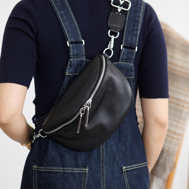 Women's Black Leather Sling Bag Chest Bag for Women, Black
