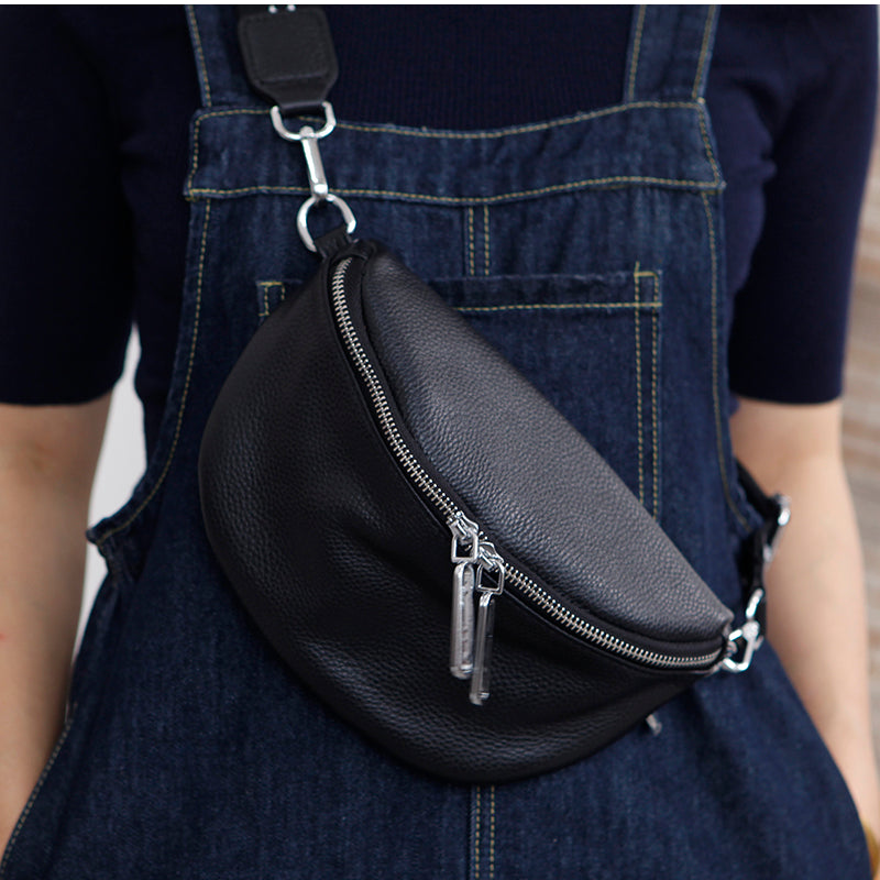 Bestcool Crossbody Bag For Women Leather Sling Belt Bag Small Chest Bag Purses with Guitar Strap Boho Style Phone Cable Hole Fanny Pack Cross Body