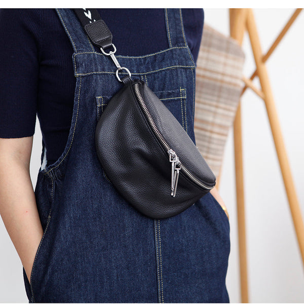Women's Black Leather Sling Bag Chest Bag For Women