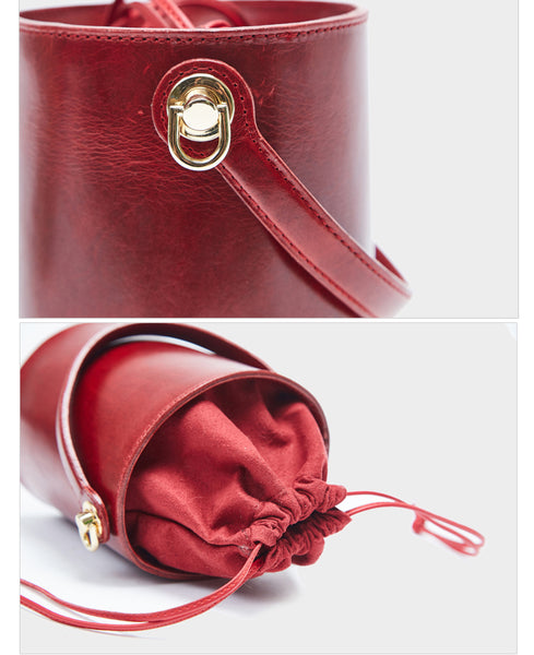 Chic Womens Red Leather Crossbody Bucket Bag Handbags Purse for Women stylish