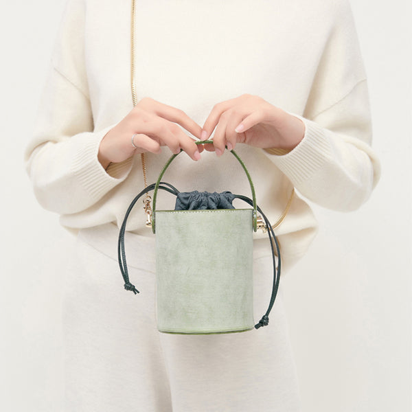 Womens Green Wax Leather Crossbody Bucket Bag Handbags Purse for Women