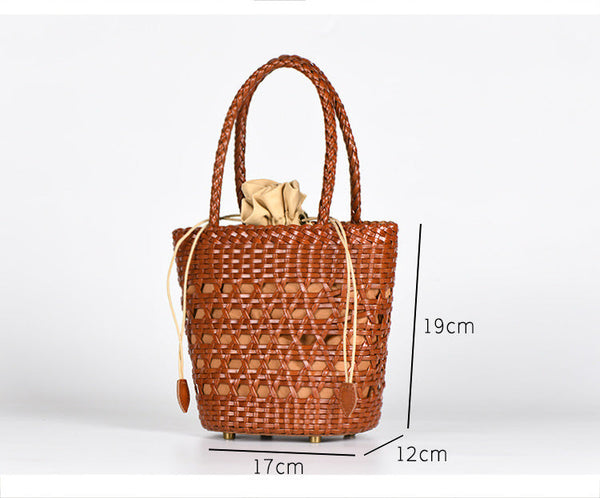 Chic Womens Woven Genuine Leather Bucket Bags Leather Handbags For Women Cowhide