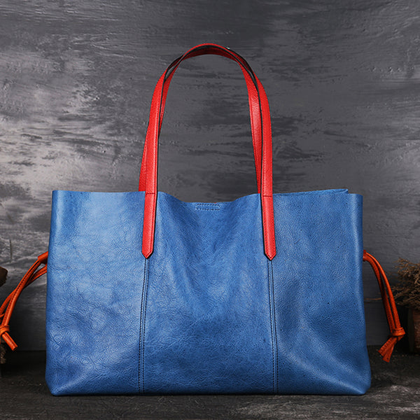 Blue Womens Genuine Leather Tote Handbags Purses Shouder Bags for Women