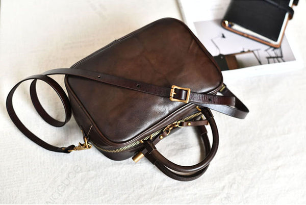 Ladies Small Coffee Leather Cube Bag